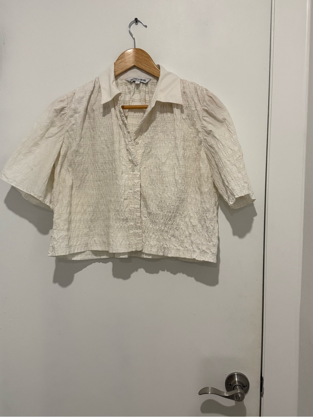 Veronica Beard Cream Textured Short-Sleeve Cropped Button-Up